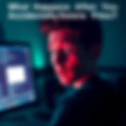 A worried individual staring at a computer screen showing an alert about deleted files
