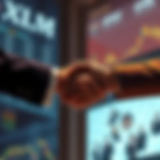 A handshake between representatives of XLM and DTCC, symbolizing a new partnership in the crypto industry.