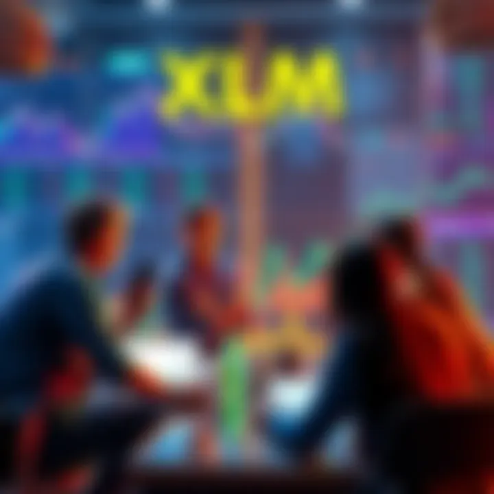 A group of investors discussing market trends and funding rates related to XLM, with charts and graphs in the background
