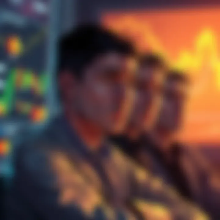 A group of worried investors discussing losses in XLM, showcasing emotional expressions and market charts in the background.