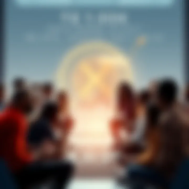 A group of diverse people discussing in a circle, with a visual representation of XRP rising towards $10,000 in the background.