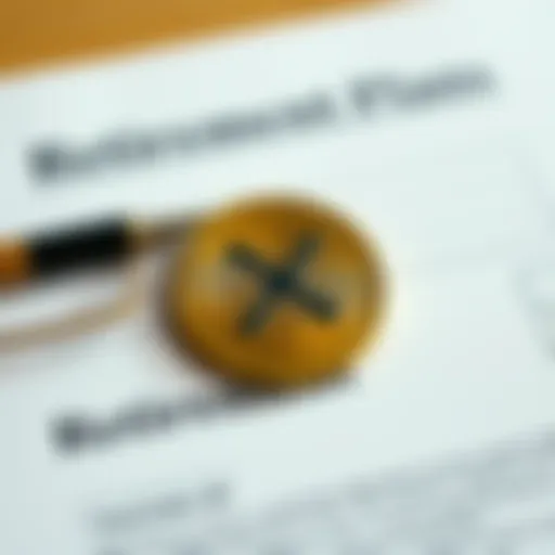 A close-up of an XRP coin placed on a retirement plan document, symbolizing investment considerations for retirement.