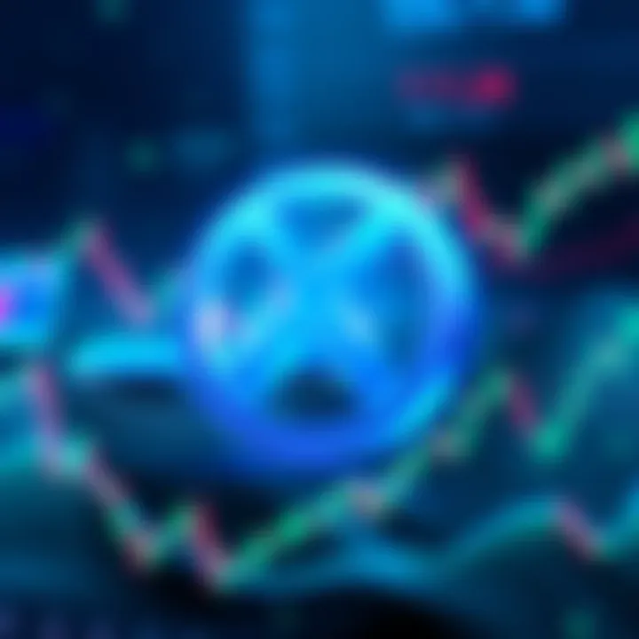 An illustration showing the XRP logo with a backdrop of rising and falling stock charts, symbolizing the volatility and controversy around XRP in the crypto market.