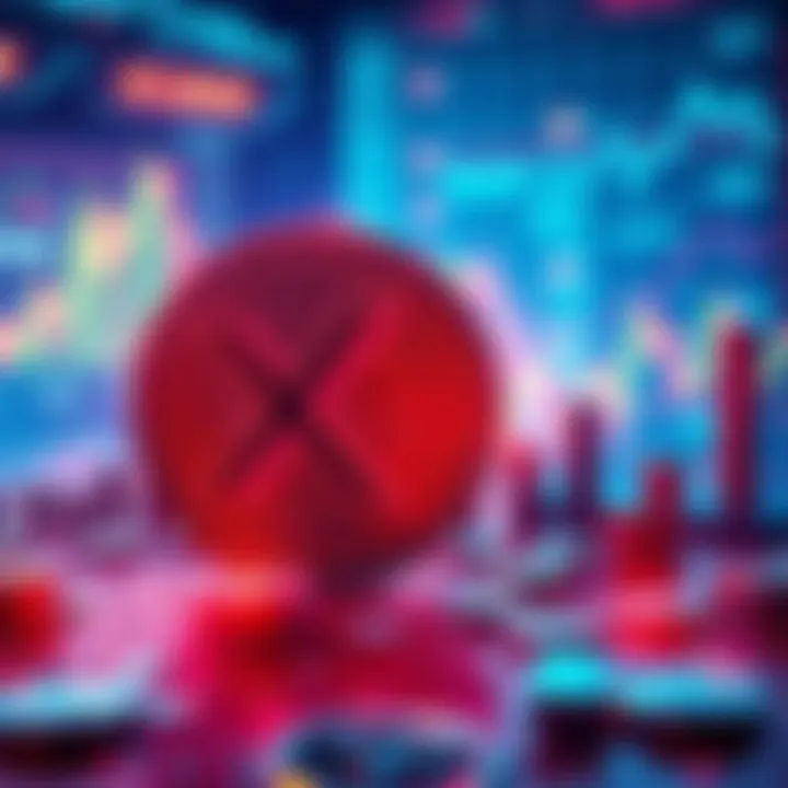 A visual representation of XRP facing obstacles like competition and adoption issues in global finance, featuring charts and financial symbols.