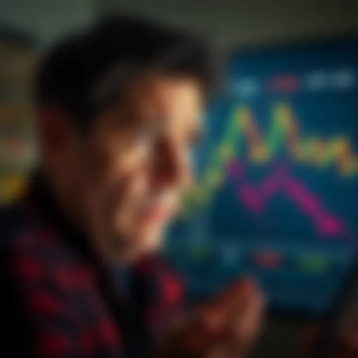 A concerned XRP holder looking at a chart showing declining prices, expressing frustration as they consider their options regarding selling or holding their assets.