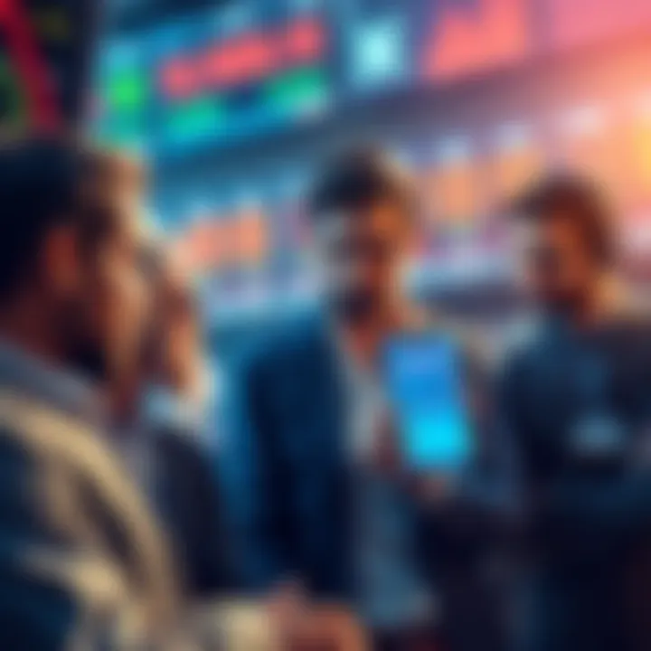A group of traders discussing the XRP market, with one looking concerned about price changes while holding a phone showing financial graphs.