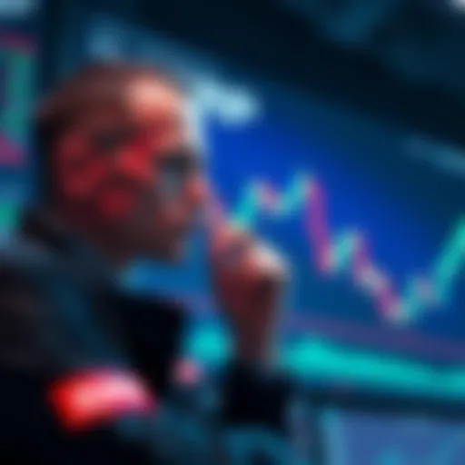 A trader contemplating whether to sell or hold XRP, with a graph showing fluctuating prices in the background.