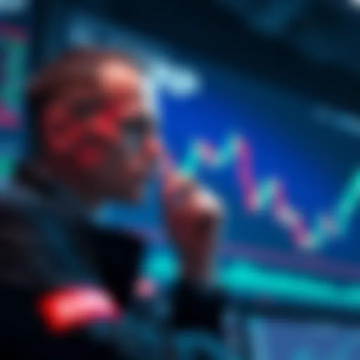 A trader contemplating whether to sell or hold XRP, with a graph showing fluctuating prices in the background.