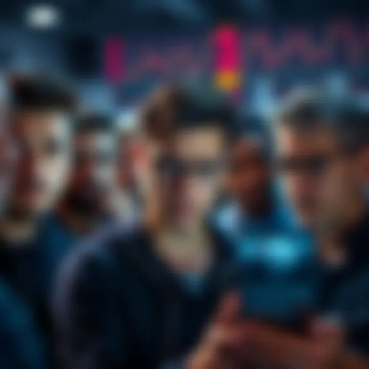 Group of XRP YouTubers looking concerned over failing predictions, showing expressions of frustration as they analyze charts and data.