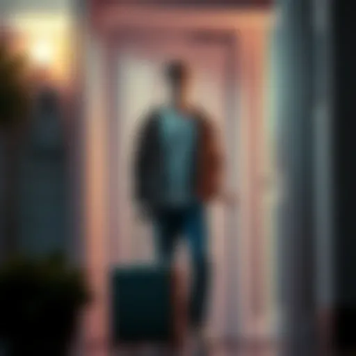 A young adult standing outside a door with a suitcase, looking conflicted and emotional after being kicked out by their parents.