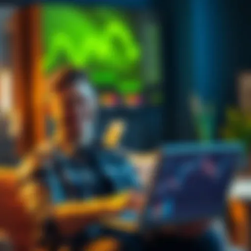 A 27-year-old man smiles while holding a laptop showing cryptocurrency charts, symbolizing early retirement and financial freedom.