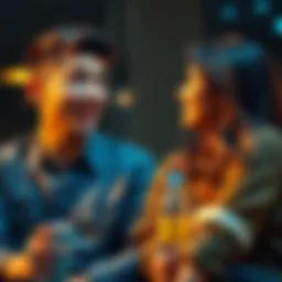 A young man animatedly explaining the song 'Euclid' to a woman sitting beside him, both smiling and engaged in conversation