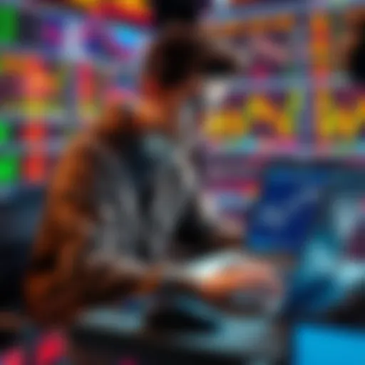A 20-year-old sitting at a desk with a laptop, analyzing cryptocurrency charts and graphs, looking focused and engaged.