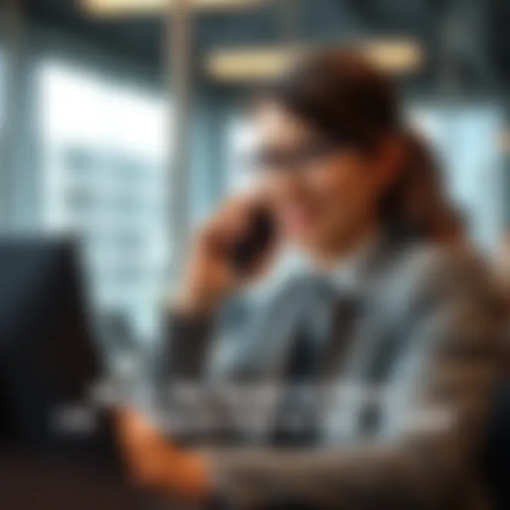 Young professional on phone A young professional talking on the phone with a confident expression, reassuring their mother about a work situation.