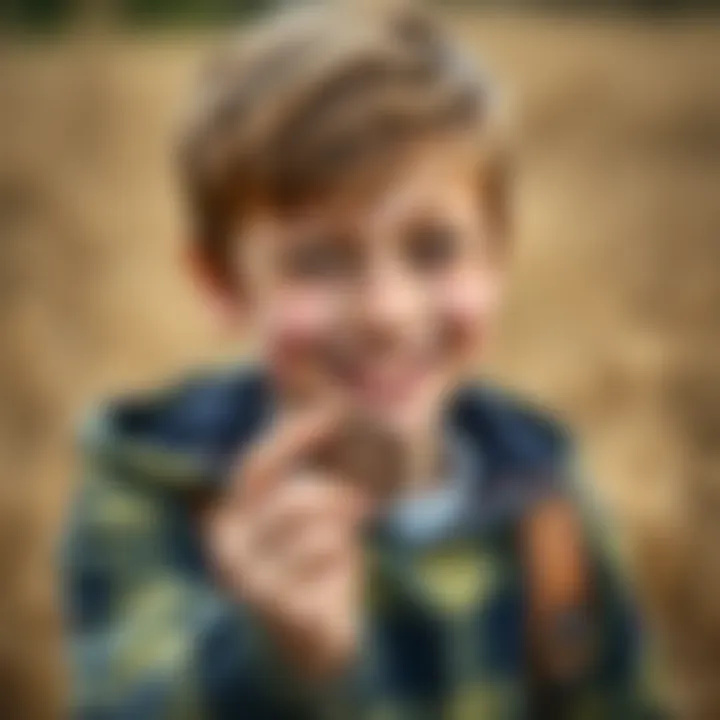 Young Boy Holding a Coin A 10-year-old boy smiles while holding a 1859 Canadian 1 cent coin found in a farm field.