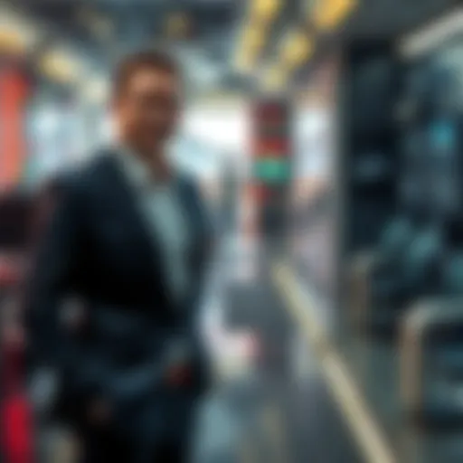 A confident young entrepreneur in a sleek suit standing in a modern tech office, showcasing gadgets and designs, resembling a modern-day Tony Stark.
