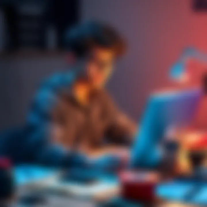 An 18-year-old sitting at a desk with a laptop, researching blockchain and crypto topics, surrounded by notes and digital tools, looking focused