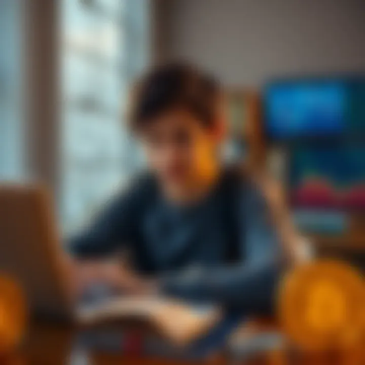 Young investor considering Bitcoin An 18-year-old student looking at Bitcoin charts on a laptop with a thoughtful expression, surrounded by financial books and a notepad for notes.