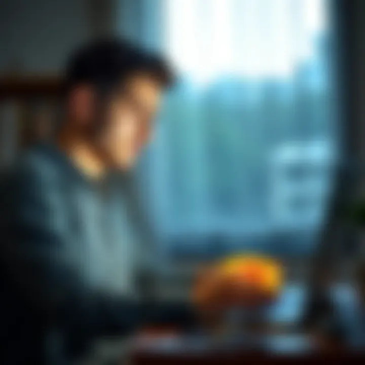 A 22-year-old man looking worried while checking his Bitcoin investments on a laptop at home, expressing doubt about his financial decisions.