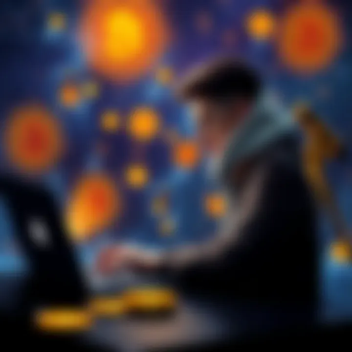 A young person using a laptop to buy Bitcoin online, surrounded by digital graphics of Bitcoin symbols and a telescope for astrophotography.