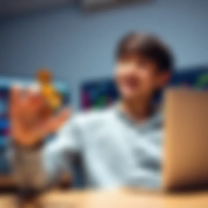 A young person holding a handful of coins, looking excited about starting coin trading with a small budget. In the background, a laptop shows trading charts.