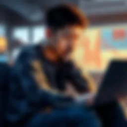 A young person sitting with a worried expression, looking at a laptop showing falling crypto prices, representing their financial struggles.