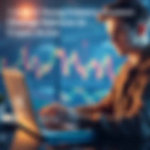 A young investor reviewing cryptocurrency investment options on a laptop, with financial graphs in the background