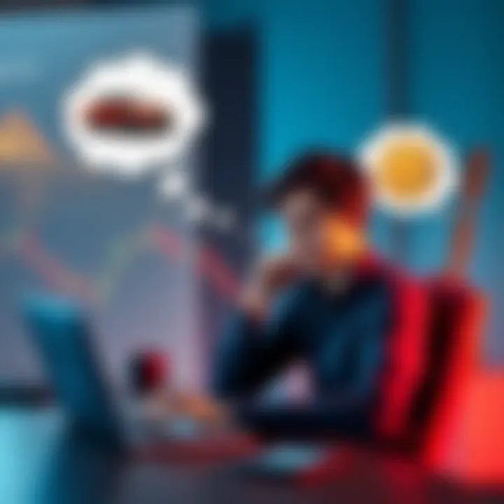 A young man sitting at a desk, looking at financial charts on a laptop, with a thought bubble showing a car and XRP coins, contemplating his investment decisions.