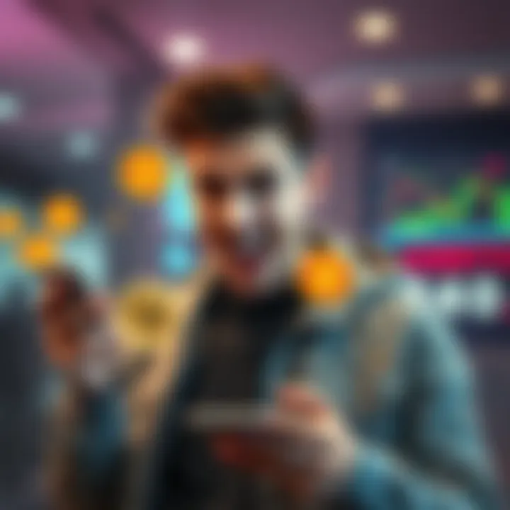 Young man bragging about cryptocurrency A young man confidently sharing his cryptocurrency success on social media, with excited expressions and digital graphics around him.