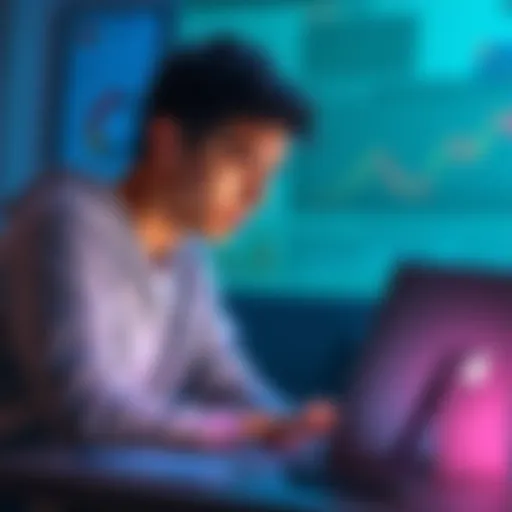 A 21-year-old Canadian looking at a laptop with cryptocurrency charts and notes around him, eager to learn and ask questions.