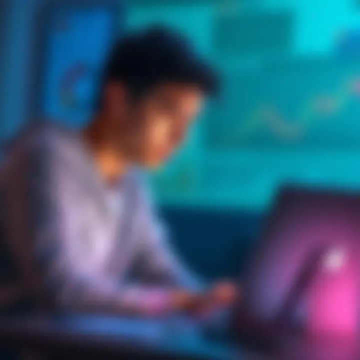 A 21-year-old Canadian looking at a laptop with cryptocurrency charts and notes around him, eager to learn and ask questions.