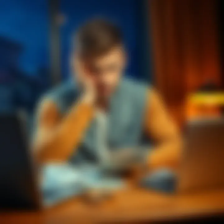 Young man looking worried about money A young man with a worried expression, holding his head in his hands, sitting at a table with bills and a laptop. The scene conveys financial stress and the search for solutions.