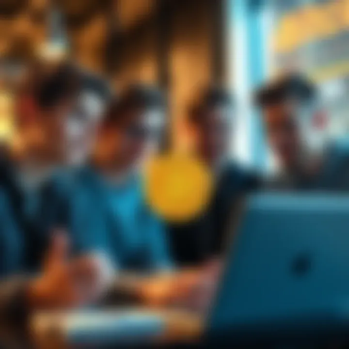 A group of young men discussing Bitcoin investments over a laptop, looking excited and focused