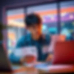 A 26-year-old looking at financial papers and a laptop, thinking about withdrawing funds to buy a car for their mom while transitioning careers.