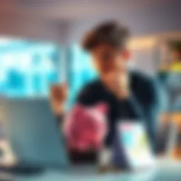A 23-year-old person sitting at a desk with a laptop, looking thoughtful while balancing a piggy bank and travel brochures, symbolizing saving versus enjoying life.
