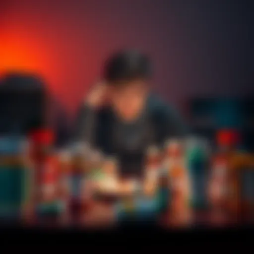 A young person sitting at a table, surrounded by various medication bottles, looking frustrated and overwhelmed while holding their head in their hand.
