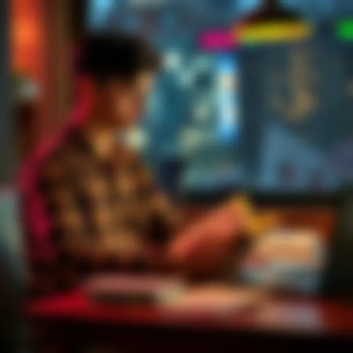 Young person reading an economics book A young adult sits at a table, reading an economics book, with notes and a laptop nearby.