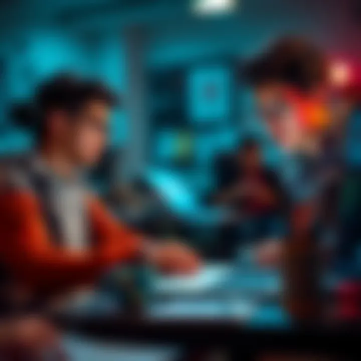 A 19-year-old computer science student working with a laptop, brainstorming ideas for AI and blockchain projects with classmates.