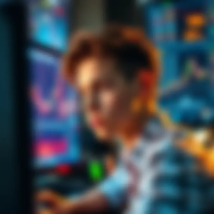A young trader focused on a computer screen displaying stock charts and graphs.