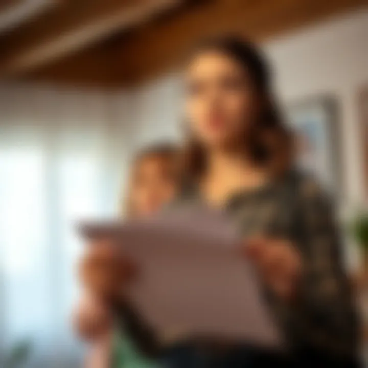 A young woman looks determined while holding her resignation letter, standing in front of her concerned mother at home.