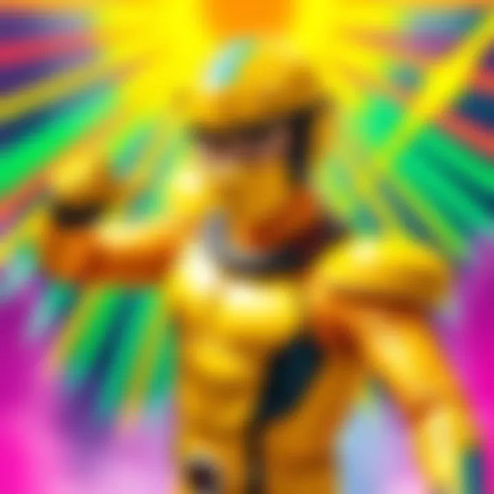 Yuki Yajima in his Yellow Four costume from Bioman, striking a heroic pose in front of a colorful background