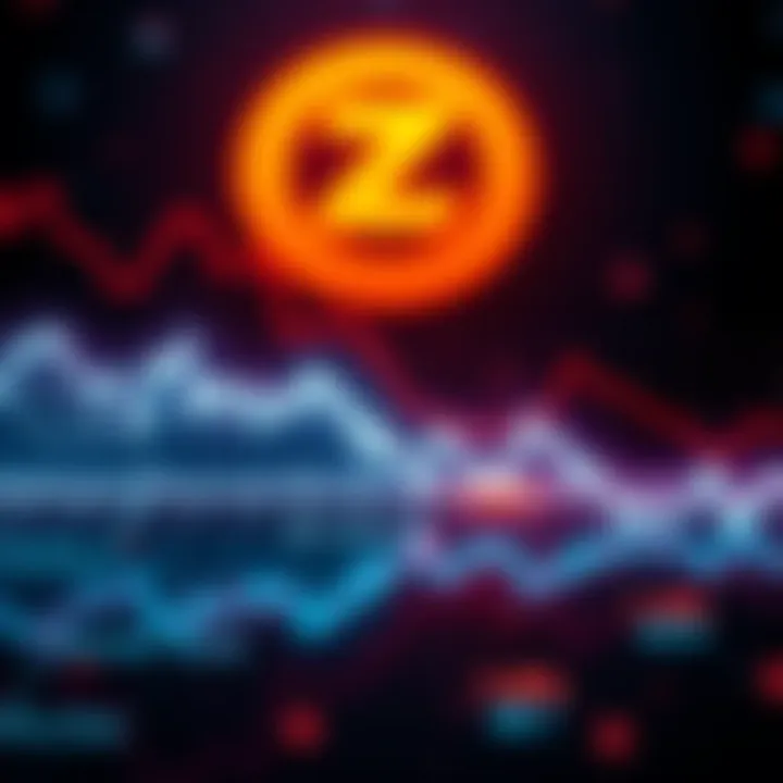 A graph showing Zcash's market value decline with downward trend lines, representing the sharp drop in cryptocurrency value.